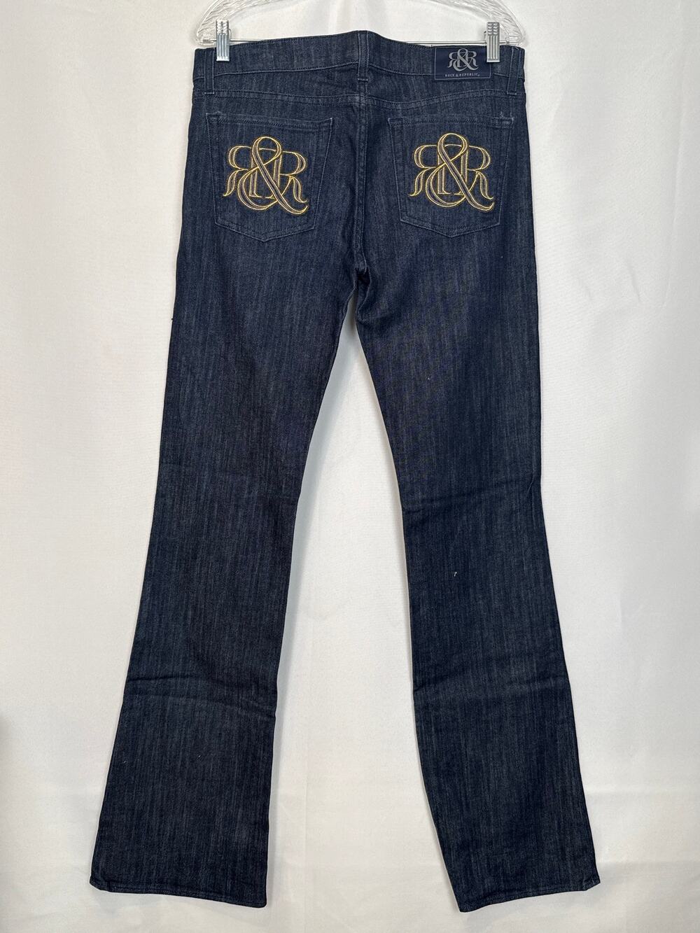 Rock & Republic Bootcut Jeans Sz 31 TALL Gold Monogram Dark Wash
